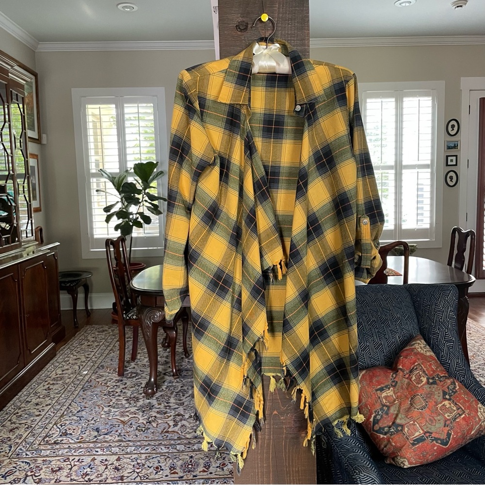 Long, fringed open front Umgee flannel shirt